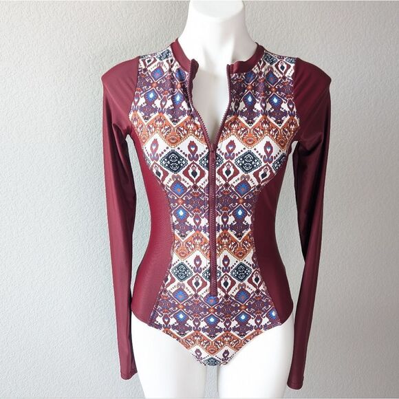 Maroon Patterned Long Sleeve Women's Swim Suit - Picture 2 of 9